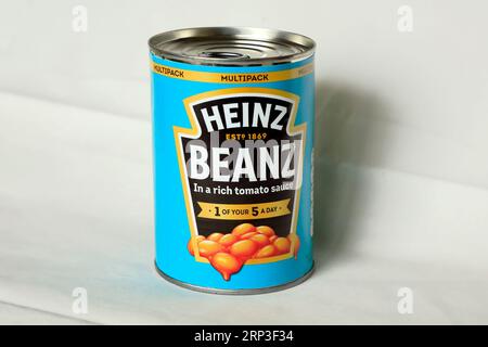 Photograph of - Heinz Beanz - baked beans ring pull tin on white background. Studio set up. Stock Photo