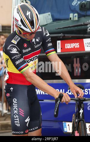 Oliva, Spain. 03rd Sep, 2023. Belgian Remco Evenepoel of Soudal Quick-Step pictured ahead of stage 9 of the 2023 edition of the 'Vuelta a Espana', Tour of Spain cycling race, from Cartagena to Collado de la Cruz de Caravaca (184, 5 km), in Spain, Sunday 03 September 2023. The Vuelta takes place from 26 August to 17 September. BELGA PHOTO PEP DALMAU Credit: Belga News Agency/Alamy Live News Stock Photo