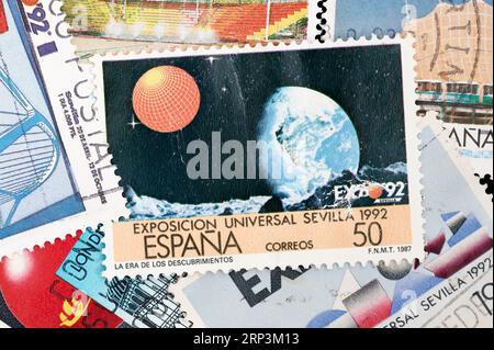 Madrid, Spain; 08-13-2023: Postage stamp from Spain with motifs about the universal exhibition of the year 1992 'Expo92' that took place in Seville Stock Photo