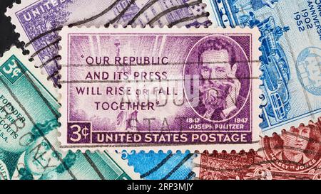 Madrid, Spain; 08-13-2023: Postage stamp of the USA commemorating the centenary of the birth of Joseph Pulitzer, an American editor of Hungarian origi Stock Photo