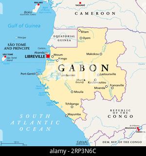 Gabon, political map. Gabonese Republic, a country on the Atlantic coast of Central Africa, with capital Libreville. Stock Photo