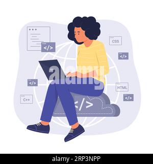 Programmer Woman Sitting on Cloud Computing Symbol and Process Coding for Software Development Concept Illustration Stock Vector