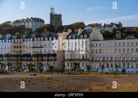 This is a view of traditional British buildings and houses along the beachfront area on September 22, 2021 in Folkestone, United Kingdom Stock Photo