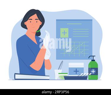 Female Doctor in Uniform Putting On Sanitary Gloves for Medical Concept Illustration Stock Vector