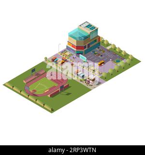 Shopping center or mall with parking, track and field athletics stadium with spectator stand isometric vector illustration isolated on white backgroun Stock Vector