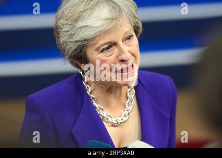 (181018) -- BRUSSELS, Oct. 18, 2018 -- British Prime Minister Theresa May speaks to media upon her arrival at the European Council in Brussels, Belgium, Oct. 18, 2018. ) (jmmn) BELGIUM-BRUSSELS-EU-SUMMIT ZhengxHuansong PUBLICATIONxNOTxINxCHN Stock Photo