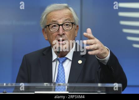 (181018) -- BRUSSELS, Oct. 18, 2018 -- European Commission President Jean-Claude Juncker addresses a press conference with European Council President Donald Tusk (not seen) after the EU summit on Oct. 18, 2018, in Brussels, capital of Belgium. ) (lrz) BELGIUM-BRUSSELS-EU-SUMMIT YexPingfan PUBLICATIONxNOTxINxCHN Stock Photo