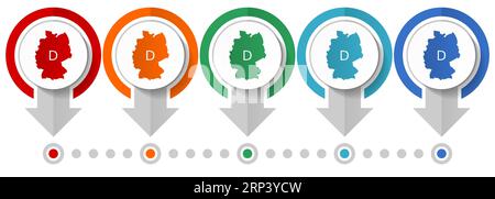 Map of Germany vector icon set, flat design infographic template, set pointer concept icons in 5 color options for webdesign and mobile applications Stock Vector