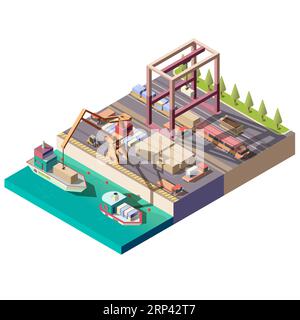 Sea port isometric vector icon with handling gantry crane on quay loading, unloading shipping container on cargo ship, trucks and train transporting f Stock Vector