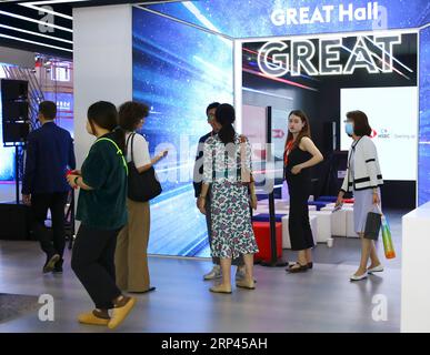 Beijing, China. 3rd Sep, 2023. People visit the exhibition zone of Britain at the China National Convention Center during the 2023 China International Fair for Trade in Services (CIFTIS) in Beijing, capital of China, Sept. 3, 2023. Britain is the guest country of honor of the 2023 CIFTIS. Themed 'Opening-up leads development, cooperation delivers the future,' the 2023 CIFTIS is being held in Beijing from Sept. 2 to 6. Credit: Sun Weitong/Xinhua/Alamy Live News Stock Photo