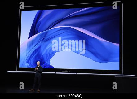 (181030) -- NEW YORK, Oct. 30, 2018 () -- Apple CEO Tim Cook speaks on stage during an event to unveil new Apple products in Brooklyn, New York, the United States, on Oct. 30, 2018. Apple Inc. on Tuesday launched its new iPad Pro, MacBook Air and Mac mini at an event in Brooklyn, New York City, offering long-awaited updates to some of its popular devices. () U.S.-NEW YORK-APPLE-NEW PRODUCTS-UNVEILING Xinhua PUBLICATIONxNOTxINxCHN Stock Photo