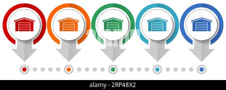 Garage building vector icon set, flat design infographic template, set pointer concept icons in 5 color options for webdesign and mobile applications Stock Vector