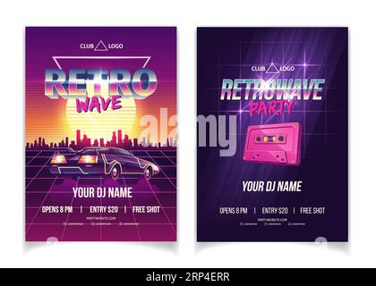 Rave party poster or flyer design template with modern retrowave graphic  elements on black background. Vector illustration Stock Vector