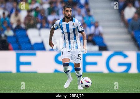 Brais Mendez of Real Sociedad in action during the La Liga EA Sports match between Real Sociedad and Granada CF at Reale Arena on September 02, 2023, Stock Photo