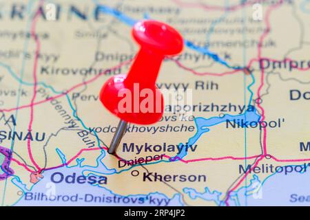 The location of Mykolayiv pinned on a map of Ukraine Stock Photo