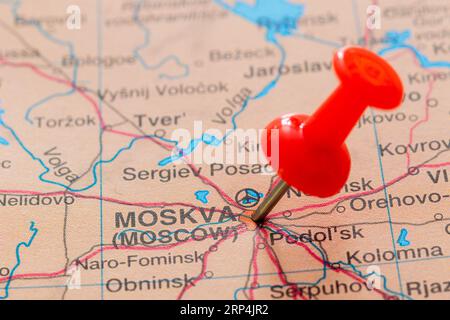 The location of Moscow the capital of Russia pinned on a map of Russia Stock Photo