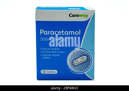 Irvine, Scotland, UK-July 21, 2023: AAH Pharmaceuticals branded Careway Paracetamol tablets in a cardboard recyclable box The blister pacs containing Stock Photo