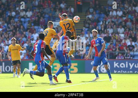 Selhurst Park, Selhurst, London, UK. 3rd Sep, 2023. Premier League Football, Crystal Palace versus Wolverhampton Wanderers; Matheus Cunha of Wolverhampton Wanderers heads and scores in the 90 6th minute for 3-2. Credit: Action Plus Sports/Alamy Live News Stock Photo
