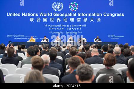 (181119) -- DEQING, Nov. 19, 2018 -- Delegates attend the opening ceremony of the United Nations World Geospatial Information Congress in Deqing County, east China s Zhejiang Province, Nov. 19, 2018. ) (ry) CHINA-ZHEJIANG-GEOSPATIAL INFORMATION-CONGRESS (CN) WengxXinyang PUBLICATIONxNOTxINxCHN Stock Photo