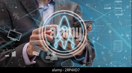 View of a Hand drawn concept made of icon of launching a start up company  Stock Photo