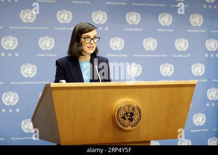 (181120) -- UNITED NATIONS, Nov. 20, 2018 -- British actress Millie Bobby Brown speaks at a press conference at the UN headquarters in New York, on Nov. 20, 2018. Millie Bobby Brown on Tuesday pledged to speak out for children s rights in her new role as the youngest goodwill ambassador of the UN children s agency. ) UN-UNICEF-GOODWILL AMBASSADOR-MILLIE BOBBY BROWN-PRESS CONFERENCE LixMuzi PUBLICATIONxNOTxINxCHN Stock Photo