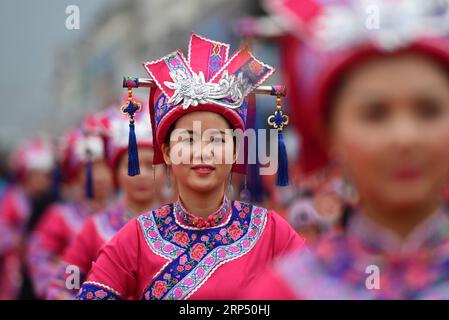 (181122) -- NANNING, Nov. 22, 2018 -- People wearing traditional costumes attend an event to celebrate Yifan festival in Luocheng Mulao Autonomous County, south China s Guangxi Zhuang Autonomous Region, Nov. 7, 2017. Guangxi is a multi-ethnic region and people like to wear ethnic costumes to attend their traditional festivals. The costumes with unique pattern and style reflect diversified ethnic cultures. )(wsw) CHINA-GUANGXI-ETHNIC GROUP-COSTUMES (CN) LuxBoan PUBLICATIONxNOTxINxCHN Stock Photo