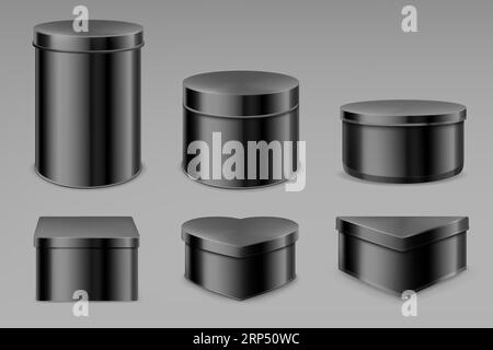 Black tin boxes set, blank jars for tea, coffee, spices or candies. Bottles mockup, different shapes cans for packaging dry products biscuits, candies Stock Vector