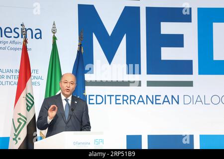 (181123) -- ROME, Nov. 23, 2018 -- Iraqi President Barham Salih delivers a speech at the 4th annual Mediterranean Dialogues Conference (MED) which kicked off Thursday in Rome, Italy, Nov. 22, 2018. ) ITALY-ROME-MED CONFERENCE ChengxTingting PUBLICATIONxNOTxINxCHN Stock Photo
