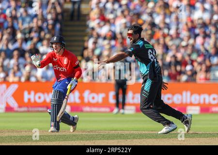 Birmingham, England. 3rd September, 2023. New Zealand’s Ish Sodhi appeals unsuccessfully against England’s Jos Buttler during the T20 International match between England vs New Zealand at Edgbaston Cricket Ground. Credit: Ben Whitley/Alamy Live News Stock Photo