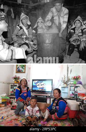 (181126) -- KUNMING, Nov. 26, 2018 () -- This combination photo shows Jino villager Yaoze (2nd L) having steamed rice with her family members and friends in 1984 (above, file photo); and Yaoze (1st L) taking care of her two grandsons along with her daughter-in-law (1st R) on Nov. 20, 2018 (below, photo by Lin Yiguang). With a population of slightly over 20,000, the Jino people had only been officially acknowledged in 1979 as an independent ethnic group of China. Until 1949, most of them had lived for generations in primitive mountain tribes in southwest China s Yunnan Province. Over the four d Stock Photo