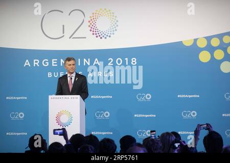 (181201) -- BUENOS AIRES, Dec. 1, 2018 -- Argentine President Mauricio Macri addresses a press conference during the 13th summit of the Group of 20 (G20) in Buenos Aires, Argentina, on Dec. 1, 2018. The 13th G20 summit concluded here on Saturday. ) ARGENTINA-BUENOS AIRES-PRESIDENT-PRESS CONFERENCE LixMing PUBLICATIONxNOTxINxCHN Stock Photo