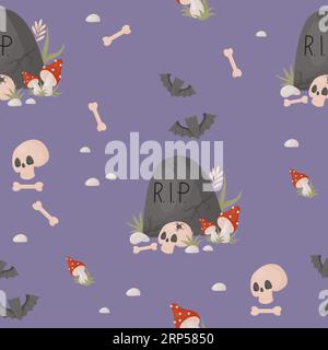 Scary Halloween. Seamless pattern with cemetery headstone with skull, bones and fly agaric on purple background. Vector illustration with cartoon styl Stock Vector