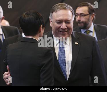 (181204) -- BRUSSELS, Dec. 4, 2018 -- U.S. Secretary of State Mike Pompeo (R) talks with Norwegian Foreign Minister Ine Marie Eriksen Soreide during a session of the NATO foreign ministers meeting with their Georgian and Ukrainian counterparts in Brussels, Belgium, Dec. 4, 2018. ) (lmm) BELGIUM-BRUSSELS-NATO-FM-MEETING YexPingfan PUBLICATIONxNOTxINxCHN Stock Photo