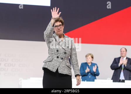 (181207) -- HAMBURG, Dec. 7, 2018 -- Annegret Kramp-Karrenbauer waves after being elected as new chairperson of Germany s ruling Christian Democratic Union (CDU) at the party s national congress in Hamburg, Germany, Dec. 7, 2018, succeeding chancellor Angela Merkel who led the party for 18 years. ) GERMANY-HAMBURG-CDU-PARTY CONFERENCE-KRAMP-KARRENBAUER ShanxYuqi PUBLICATIONxNOTxINxCHN Stock Photo