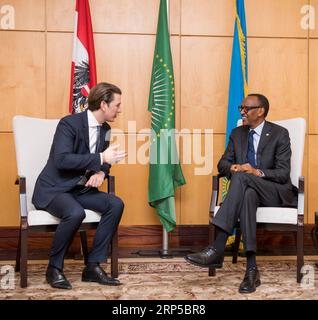 (181207) -- KIGALI, Dec. 7, 2018 -- Rwandan President Paul Kagame (R) meets with visiting Austrian Chancellor Sebastian Kurz in Kigali, capital of Rwanda, on Dec. 7, 2018. Rwandan President Paul Kagame said Friday Rwanda and Austria will co-host an Africa-Europe high-level forum, scheduled for Dec. 18 in Vienna. Office of the President of Rwanda) RWANDA-KIGALI-AUSTRIA-CHANCELLOR-VISIT OfficexofxPresidentxofxRwanda PUBLICATIONxNOTxINxCHN Stock Photo
