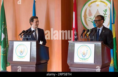 (181207) -- KIGALI, Dec. 7, 2018 -- Rwandan President Paul Kagame (R) and visiting Austrian Chancellor Sebastian Kurz attend a joint press conference in Kigali, capital of Rwanda, on Dec. 7, 2018. Rwandan President Paul Kagame said Friday Rwanda and Austria will co-host an Africa-Europe high-level forum, scheduled for Dec. 18 in Vienna. Office of the President of Rwanda) RWANDA-KIGALI-AUSTRIA-CHANCELLOR-VISIT OfficexofxPresidentxofxRwanda PUBLICATIONxNOTxINxCHN Stock Photo