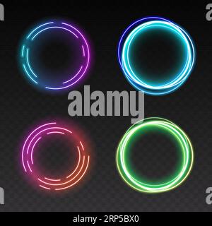 Isolated shining rings of light on transparent background. Abstract glowing light circles set. Shiny loops disco flashing banner neon design. Vector i Stock Vector