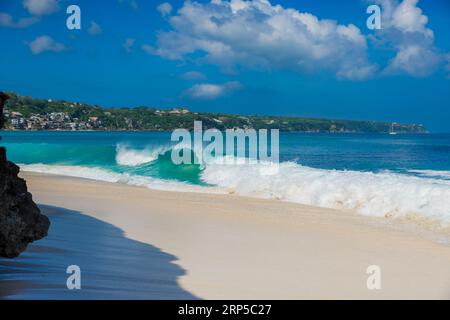 Tropical sandy beach with ocean and waves in Bali Stock Photo