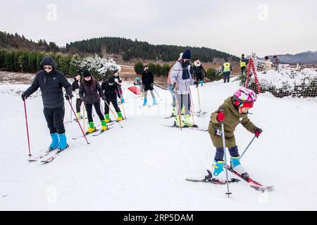 (181210) -- WEIFANG, Dec. 10, 2018 -- People ski at Tuoshan skiing park in Qingzhou City, east China s Shandong Province, Dec. 9, 2018. ) (yxb) CHINA-WINTER-SKIING (CN) WangxJilin PUBLICATIONxNOTxINxCHN Stock Photo