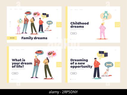 Set of landing pages for family dream concept with married couple and kids imagine dreams in bubbles. Cute parents and children dreaming. Cartoon flat Stock Vector