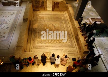 (181211) -- ANKARA, Dec. 11, 2018 -- Photo taken on Oct. 4, 2018 shows interior view of Zeugma Mosaic Museum in Gaziantep, southeastern Turkey. Looted and missing pieces of the famous Gypsy Girl mosaic, found in the ancient Roman city of Zeugma which became the symbol of southeastern Turkey s Gaziantep, returned to Turkey recently from the United States after years of diplomatic efforts. ) (yxb) TURKEY-GAZIANTEP-MOSAIC-GYPSY GIRL-RETURN QinxYanyang PUBLICATIONxNOTxINxCHN Stock Photo