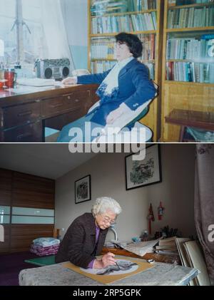 (181214) -- BEIJING, Dec. 14, 2018 -- The upper part of this combo photo taken on Nov. 22, 1990 shows 56-year-old Qiu Ping, who was then a teacher with Nanjing University, posing for a photo at home in Nanjing, capital of east China s Jiangsu Province. She lived on the 5th floor in a building without elevator. At a time when changing LPG cylinders for cooking was an important thing, Qiu always needed to ask young people to help her carry the cylinders up to her apartment. The lower part of the combo photo taken by on Nov. 27, 2018 shows 84-year-old Qiu Ping painting at her 110-square-meter apa Stock Photo
