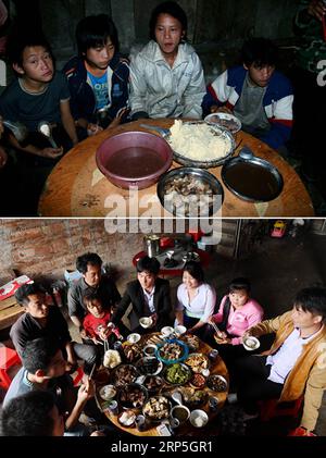 (181214) -- BEIJING, Dec. 14, 2018 -- The upper part of this combo photo taken on Nov. 5, 2008 shows a wedding banquet of people of Miao ethnic group in Nabu Village of Napo County, south China s Guangxi Zhuang Autonomous Region. At that time, the wedding banquet was quite simple. The lower part of the combo photo taken on March 6, 2018 shows a wedding banquet of Wu Wenrong (4th R) in Jialiu Village of Napo County. ) (wyl) Xinhua Headlines: Past and present: 40 years of change in the lives of the Chinese people ZhangxAilin PUBLICATIONxNOTxINxCHN Stock Photo