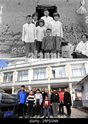 (181214) -- BEIJING, Dec. 14, 2018 -- The upper part of this combo photo taken in 1982 shows Yan Hongchang (C rear) and his son Yan Yushan (1st L) posing for a group photo in front of their thatched dwelling at Xiaogang Village, the birthplace of China s rural reform, in east China s Anhui Province. Yan Hongchang was among the first 18 farmers to sign the secret agreement to divide communally owned farmland into family plots in 1978. At that time, Xiaogang villagers all lived in thatched houses. The lower part of the combo photo taken by on Nov. 28, 2018 shows Yan Hongchang (6th L) and his son Stock Photo