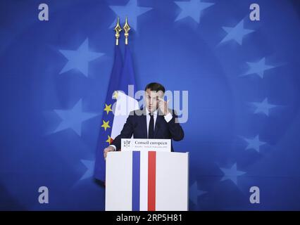 (181214) -- BRUSSELS, Dec. 14, 2018 -- French President Emmanuel Macron speaks during a press conference at the end of an EU Summit in Brussels, Belgium, on Dec. 14, 2018. ) BELGIUM-BRUSSELS-EU-SUMMIT YexPingfan PUBLICATIONxNOTxINxCHN Stock Photo