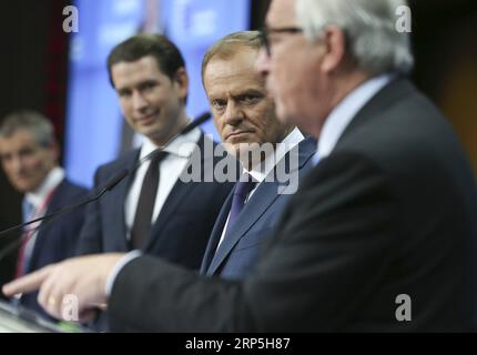 (181214) -- BRUSSELS, Dec. 14, 2018 -- Austrian Chancellor Sebastian Kurz (3rd R), European Council President Donald Tusk (2nd R) and European Commission President Jean-Claude Juncker (1st R) attend a press conference at the end of an EU Summit in Brussels, Belgium, on Dec. 14, 2018. ) BELGIUM-BRUSSELS-EU-SUMMIT YexPingfan PUBLICATIONxNOTxINxCHN Stock Photo