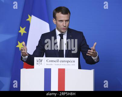 (181214) -- BRUSSELS, Dec. 14, 2018 -- French President Emmanuel Macron speaks during a press conference at the end of an EU Summit in Brussels, Belgium, on Dec. 14, 2018. ) BELGIUM-BRUSSELS-EU-SUMMIT YexPingfan PUBLICATIONxNOTxINxCHN Stock Photo