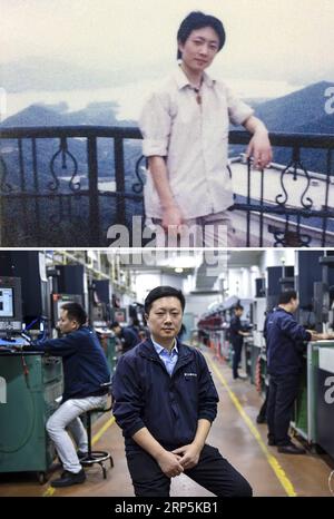 (181217) -- SHENZHEN, Dec. 17, 2018 (Xinhua) -- The upper part of the combo photo taken in 2004 shows Yang Feifei posing for photo at a scenic spot shortly after he got a job in Foxconn Technology Group in Shenzhen, south China s Guangdong Province. The lower part of the combo photo taken on Feb. 7, 2018 shows Yang Feifei posing for photo at a workshop in Longhua science and technology park of Foxconn Technology Group in Shenzhen, south China s Guangdong Province. The 33-year-old Yang Feifei was from Sigang Village of Shigang Town, east China s Jiangsu Province. He joined Foxconn due to the lo Stock Photo