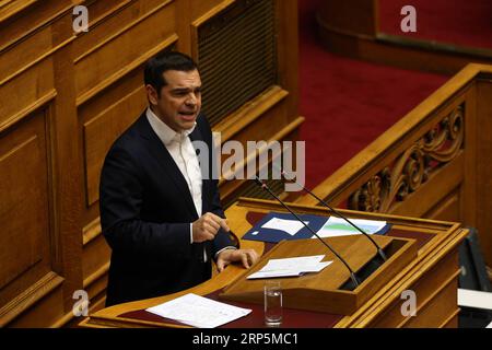 (181218) -- ATHENS, Dec. 18, 2018 -- Greek Prime Minister Alexis Tsipras addresses lawmakers during a parliamentary session in Athens, Greece, on Dec. 18, 2018. Greek lawmakers ratified on Tuesday the 2019 state budget, the first of the country s post-bailout era, which foresees 2.5 percent economic growth in the new year from 2.1 percent in 2018. ) GREECE-ATHENS-PARLIAMENT-STATE BUDGET-RATIFICATION MariosxLolos PUBLICATIONxNOTxINxCHN Stock Photo