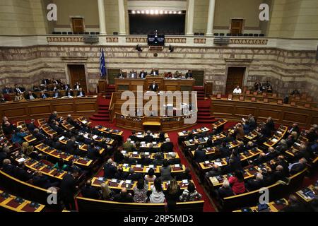 (181218) -- ATHENS, Dec. 18, 2018 -- Greek Prime Minister Alexis Tsipras addresses lawmakers during a parliamentary session in Athens, Greece, on Dec. 18, 2018. Greek lawmakers ratified on Tuesday the 2019 state budget, the first of the country s post-bailout era, which foresees 2.5 percent economic growth in the new year from 2.1 percent in 2018. ) GREECE-ATHENS-PARLIAMENT-STATE BUDGET-RATIFICATION MariosxLolos PUBLICATIONxNOTxINxCHN Stock Photo